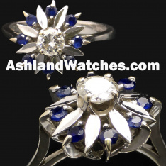 Diamond & Blue Sapphire Flower Statement Ring in 14K White Gold